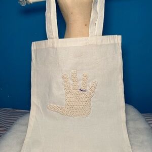 White Tote Bag with Crochet Hand Design